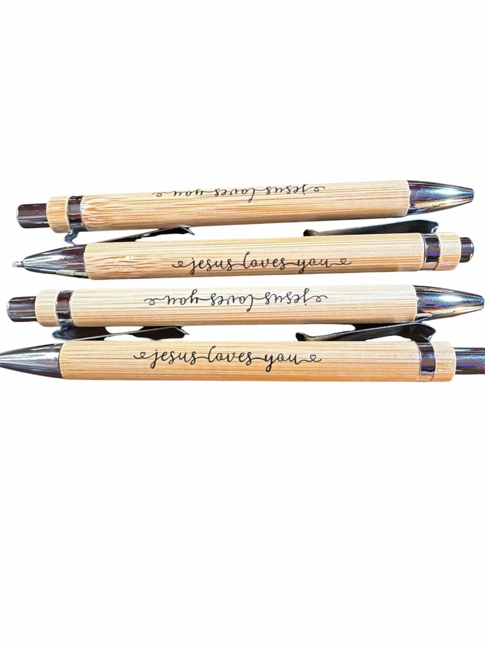 NWT Set of 4 "Jesus Loves You" Bamboo Pens - Eco-Friendly Gift Set